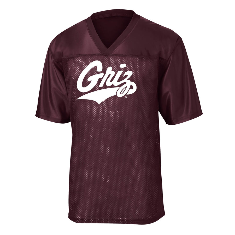 Blue Peak Creative's maroon Two Sided Unisex Jersey T-Shirt with the Griz Script (front) and 406 Montana (back) designs in white, front