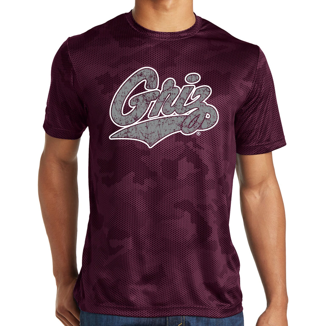 Blue Peak Creative's maroon Camohex T-Shirt with the Distressed Griz Script design in silver, outlined in white