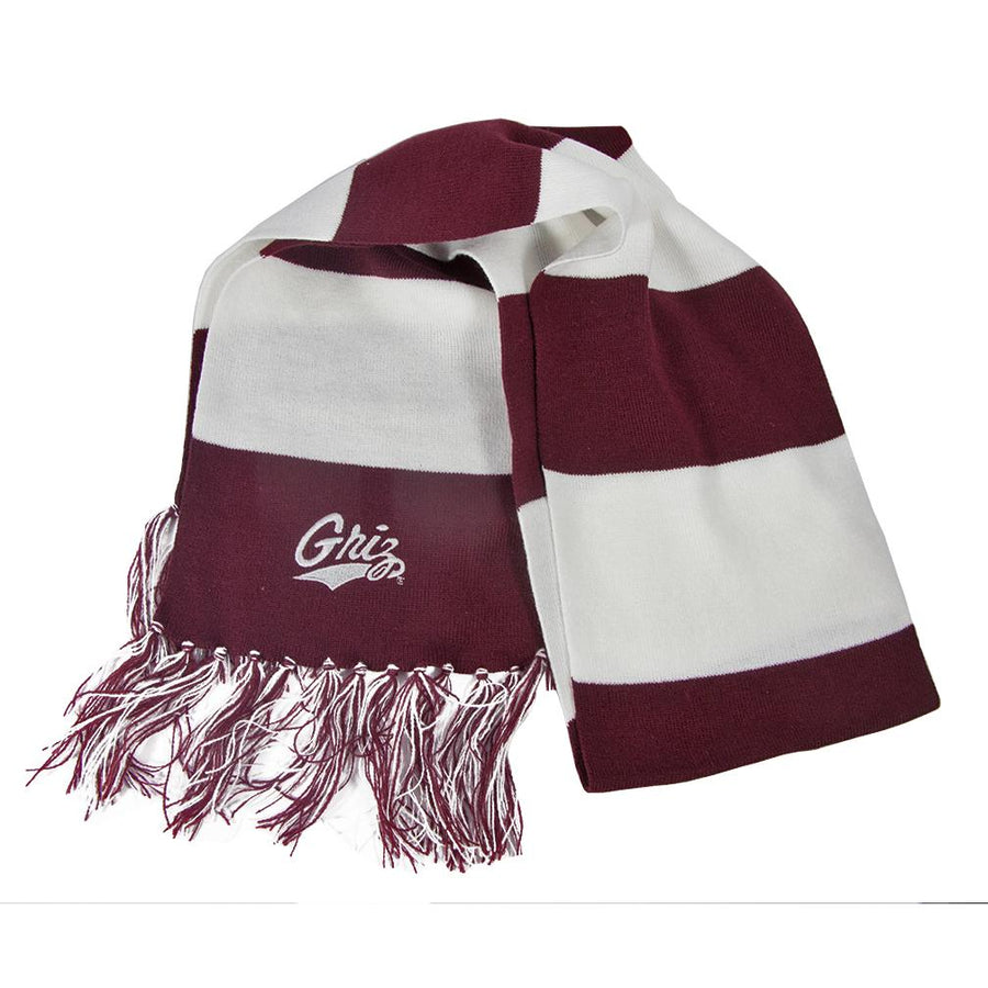 Blue Peak Creative's maroon and white Spectator Scarf with embroidered Griz Script in white