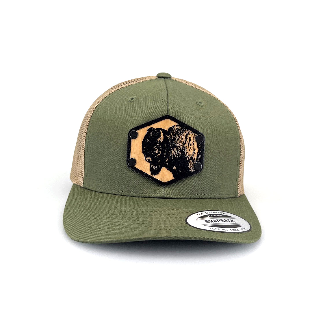 Bison Solid Wood Patch Trucker Hat - Olive and Khaki