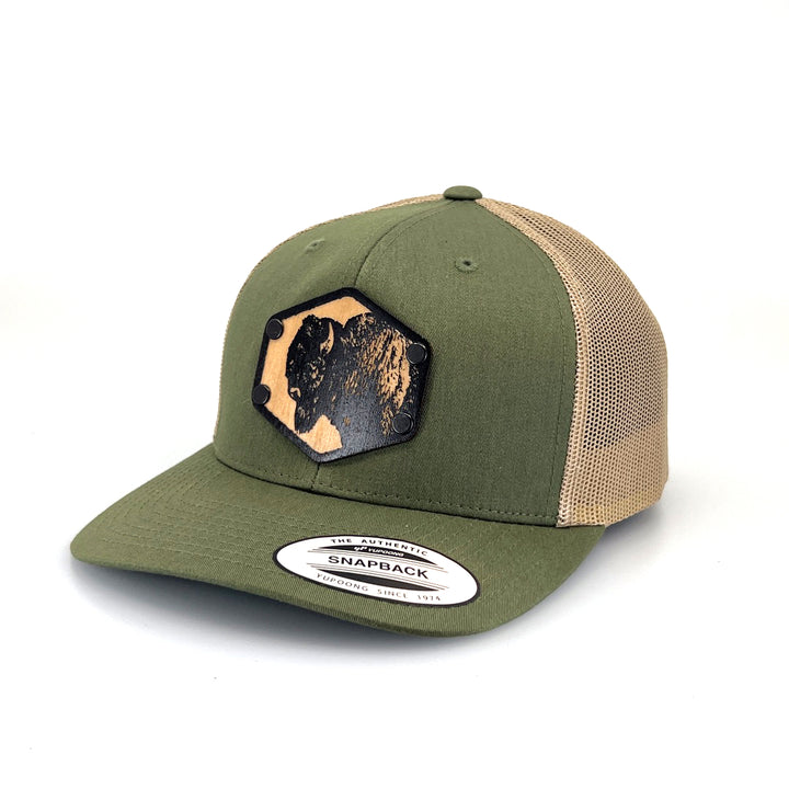 Bison Solid Wood Patch Trucker Hat - Olive and Khaki