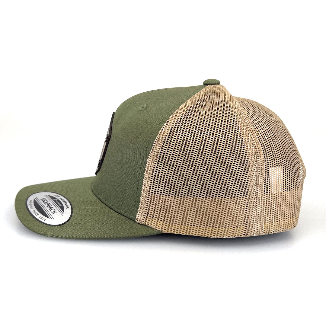 Bison Solid Wood Patch Trucker Hat - Olive and Khaki