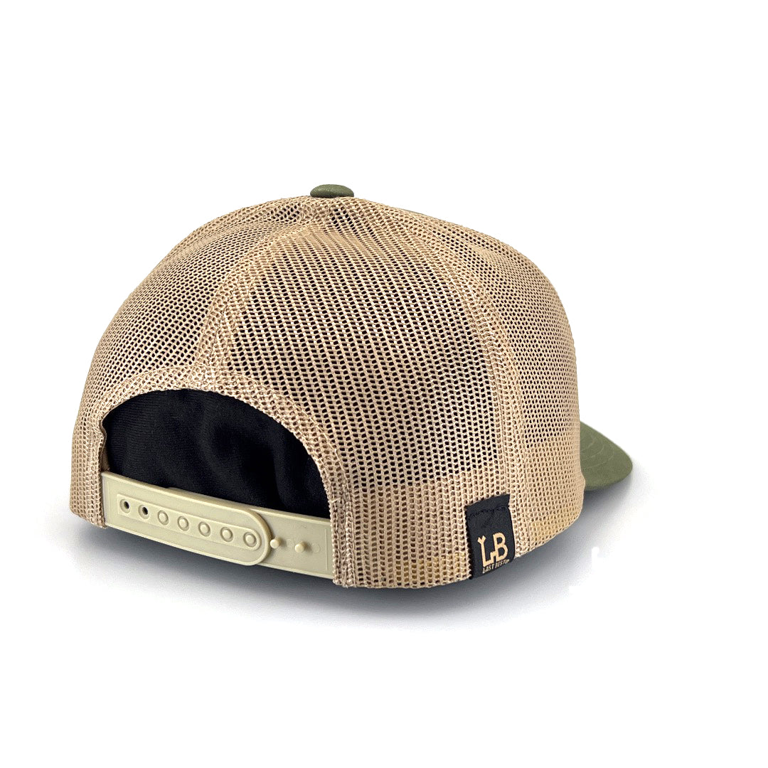 Bison Solid Wood Patch Trucker Hat - Olive and Khaki