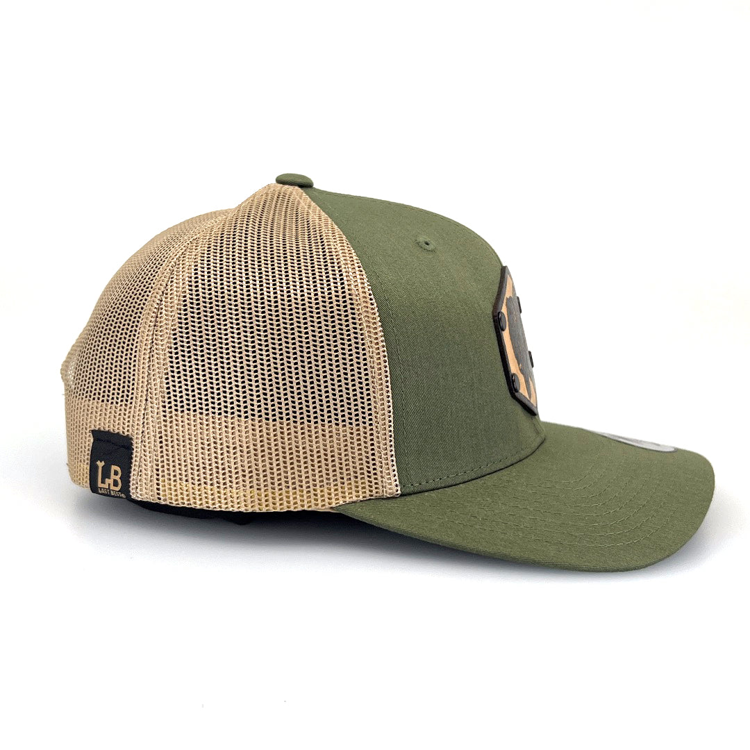 Bison Solid Wood Patch Trucker Hat - Olive and Khaki