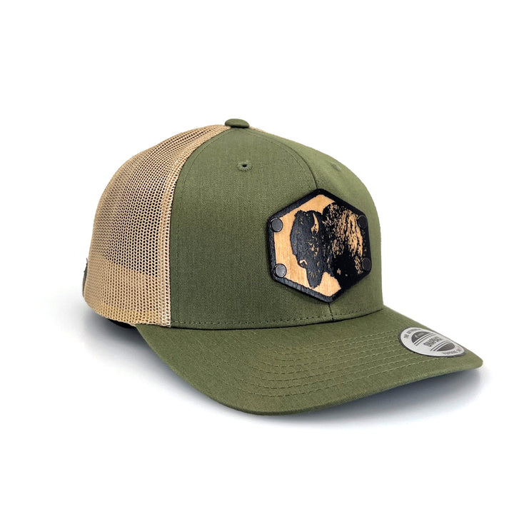 Bison Solid Wood Patch Trucker Hat - Olive and Khaki