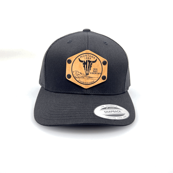 Black Trucker Hat with All Wood Patch Centennial Coin
