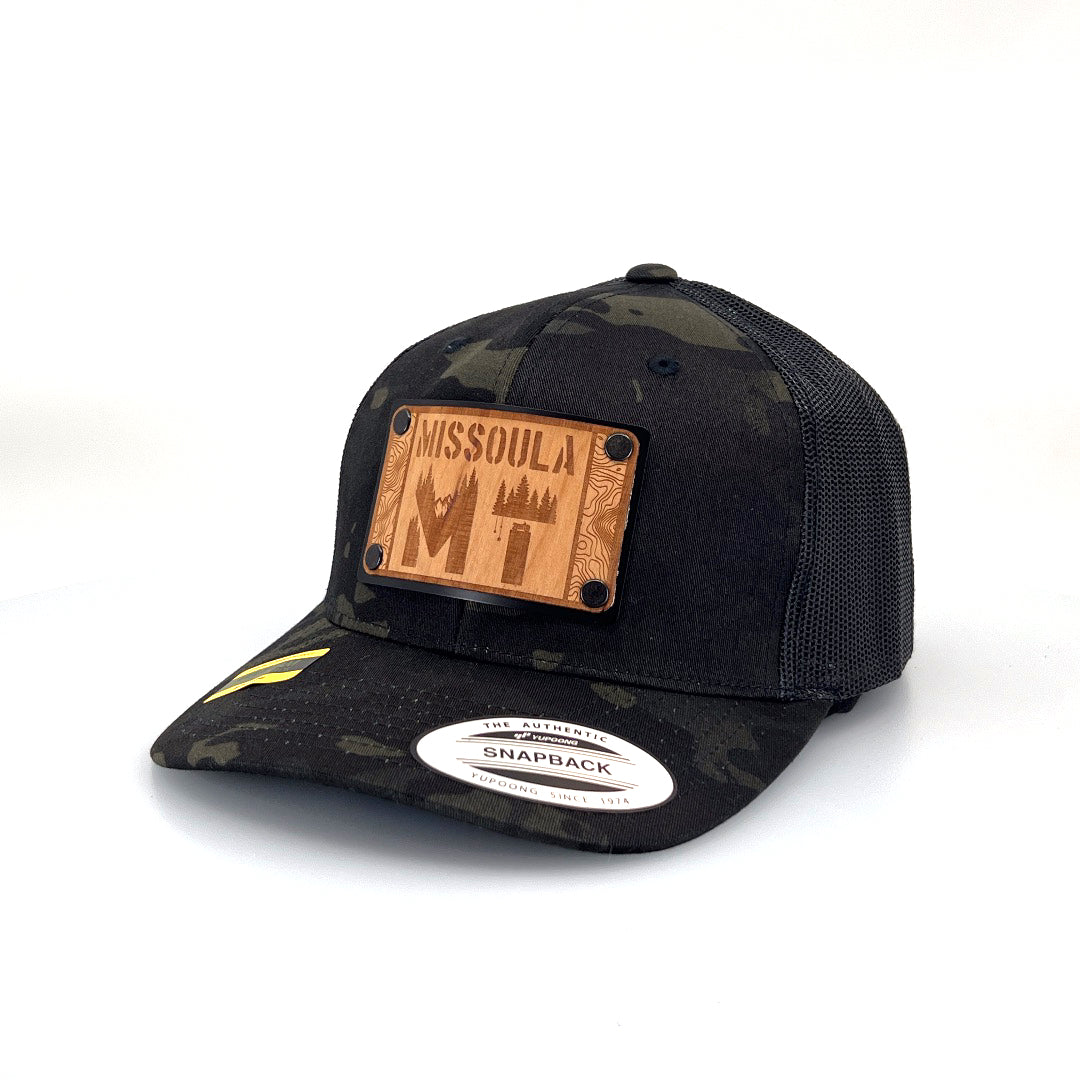 Missoula MT Wood Patch Plate Trucker Hat - Black Camo