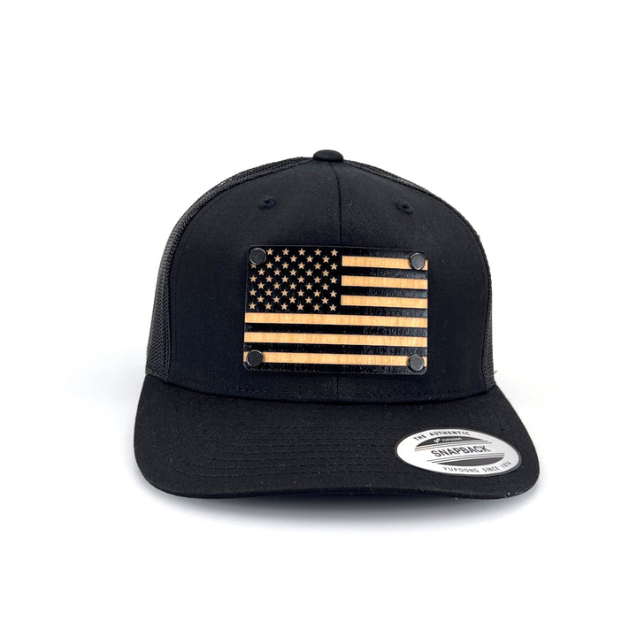 American Flag Solid Wood Patch Trucker Hat - Black