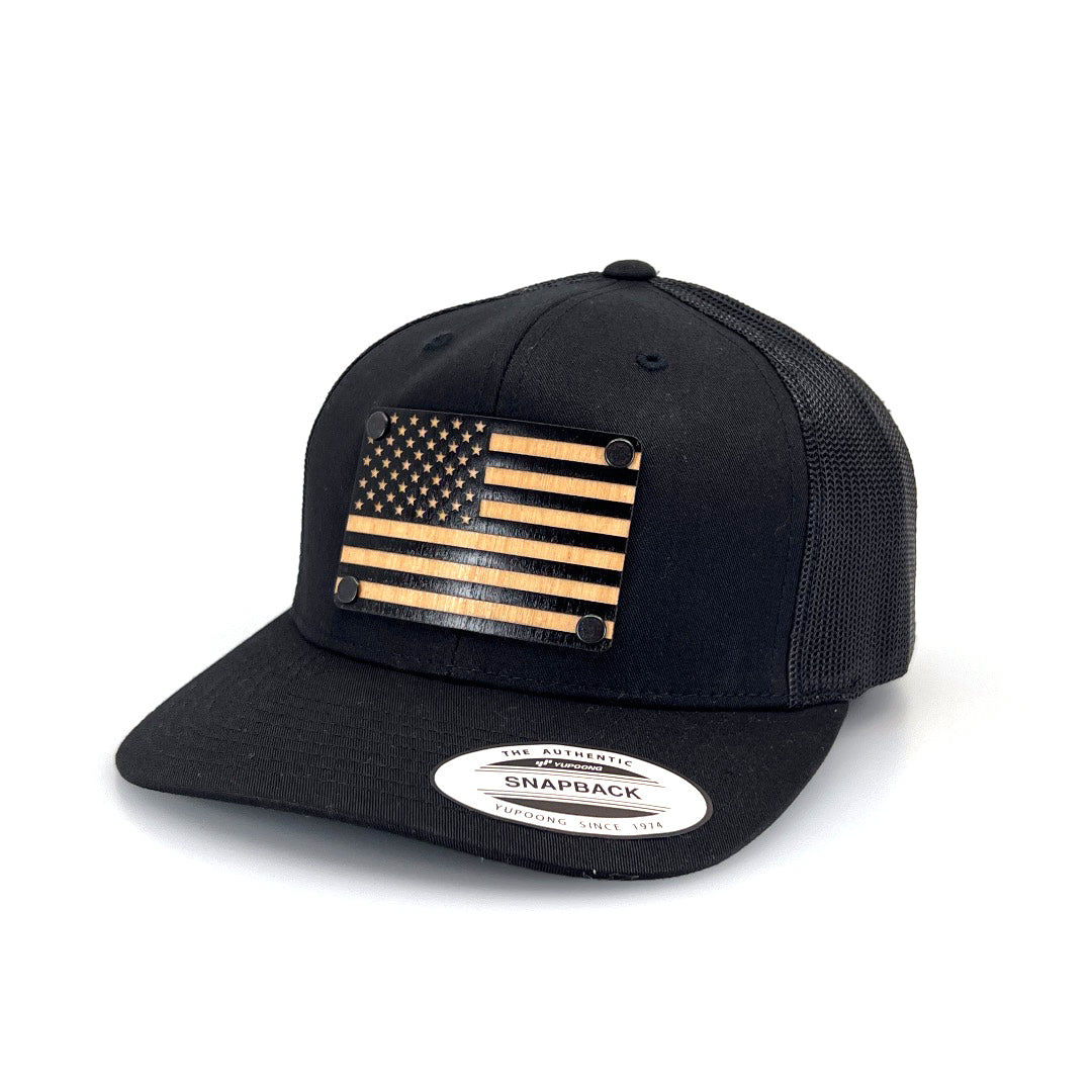 American Flag Solid Wood Patch Trucker Hat - Black