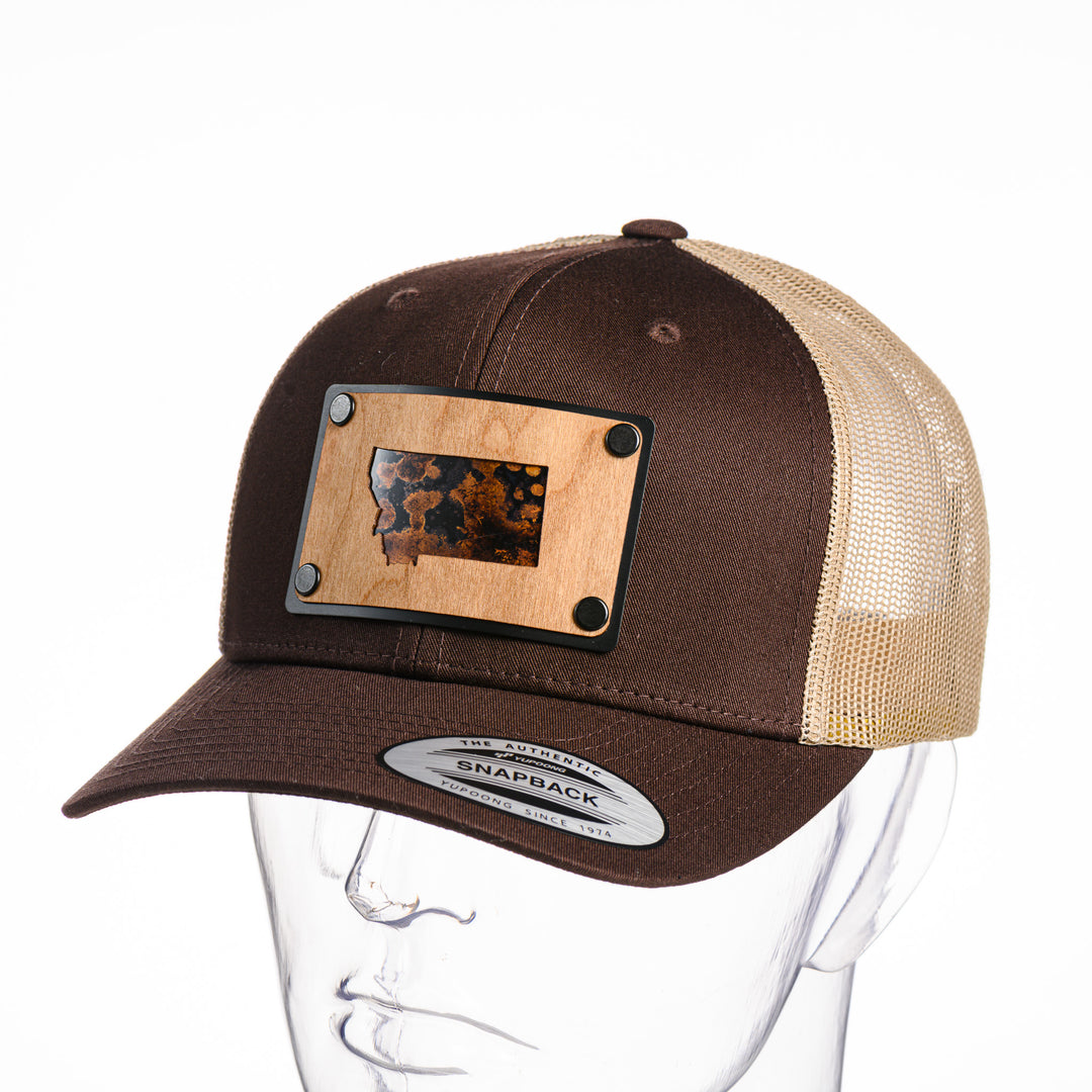 Montana Cherry Wood & Copper Plate Patch Trucker Hat - Brown & Khaki