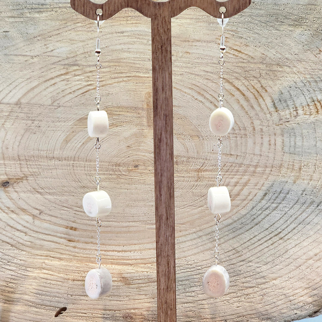 Natural antler bead triple drop earrings from 406 Antlery