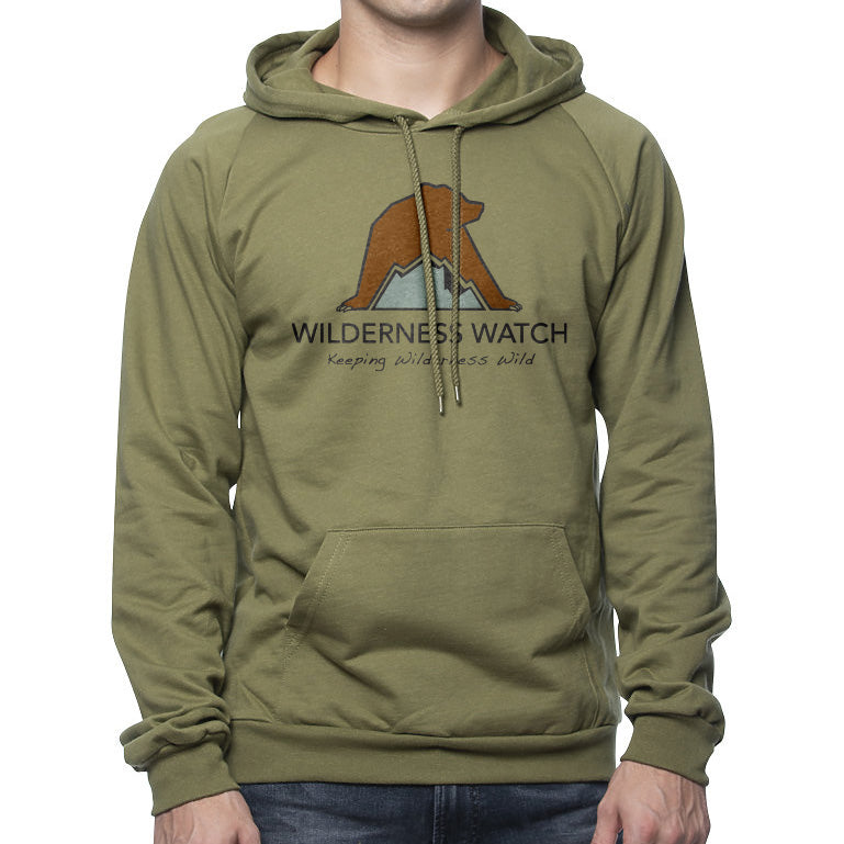 Moss green 100% Organic Cotton Pullover Hoodie featuring the Wilderness Watch logo, printed by Blue Peak Creative in Missoula, MT; a portion of sales are donated to the Wilderness Watch fundraiser