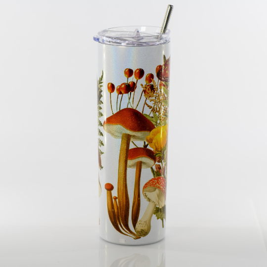 20 oz shimmer stainless steel vacuum insulated tumbler printed with botanical mushrooms and flora. Perfect for on the go, as this tumbler is narrow enough to fit in a car holder. It also as a lid and metal straw.