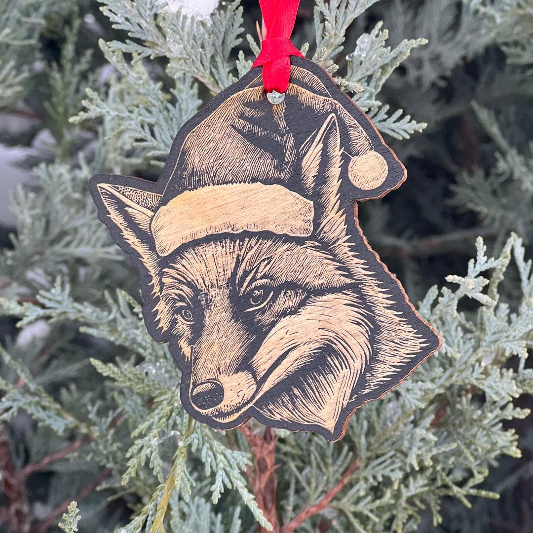 Etched Wood Christmas Fox Ornament