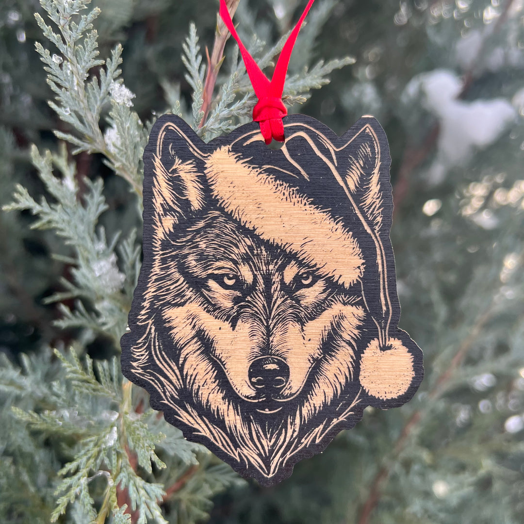 Etched Wood Christmas Wolf Ornament