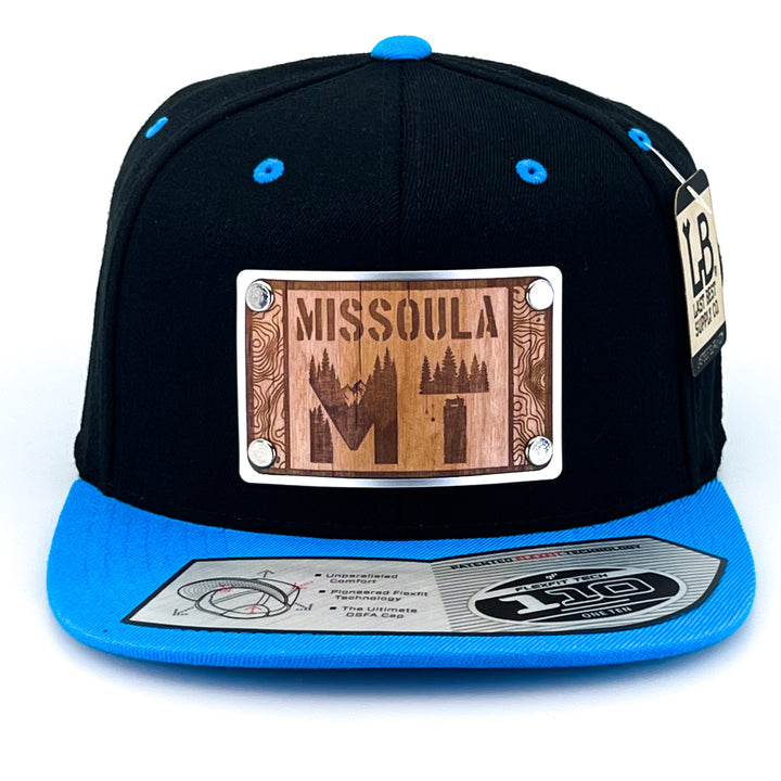 MT Missoula Etched Wood Silver Patch Plate Black & Neon Blue Flat Bill Hat