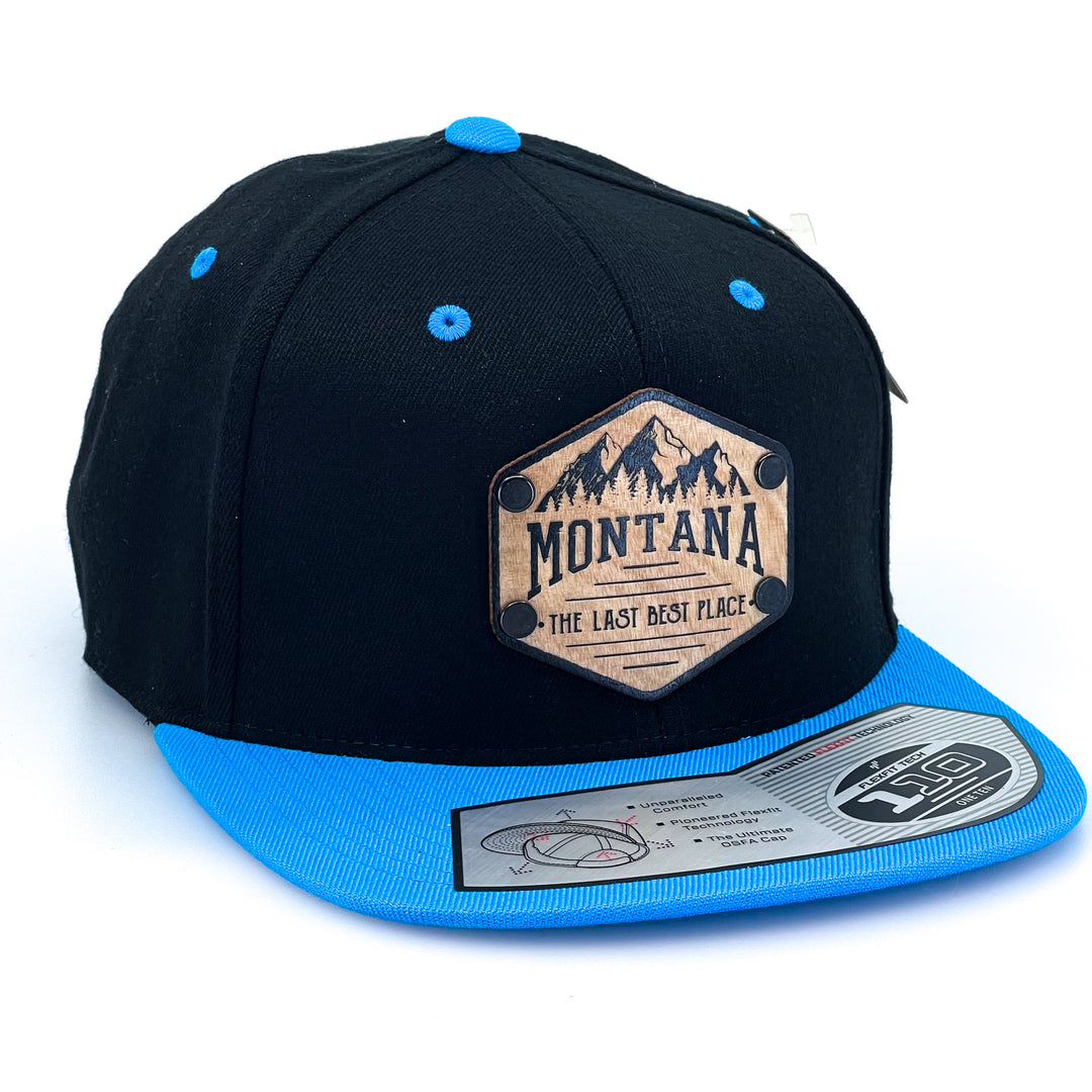 Montana Hexagon TLBP All Wood Patch Black & Neon Blue Flat Bill Hat