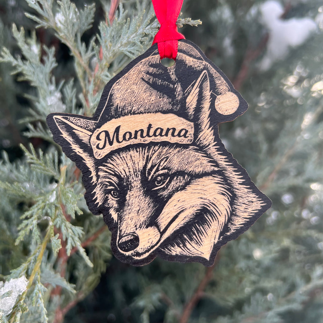 Montana Etched Wood Christmas Fox Ornament