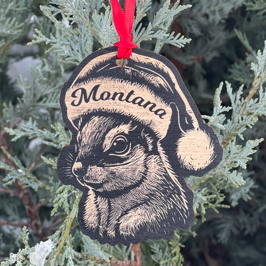 Montana Etched Wood Christmas Squirrel Ornament