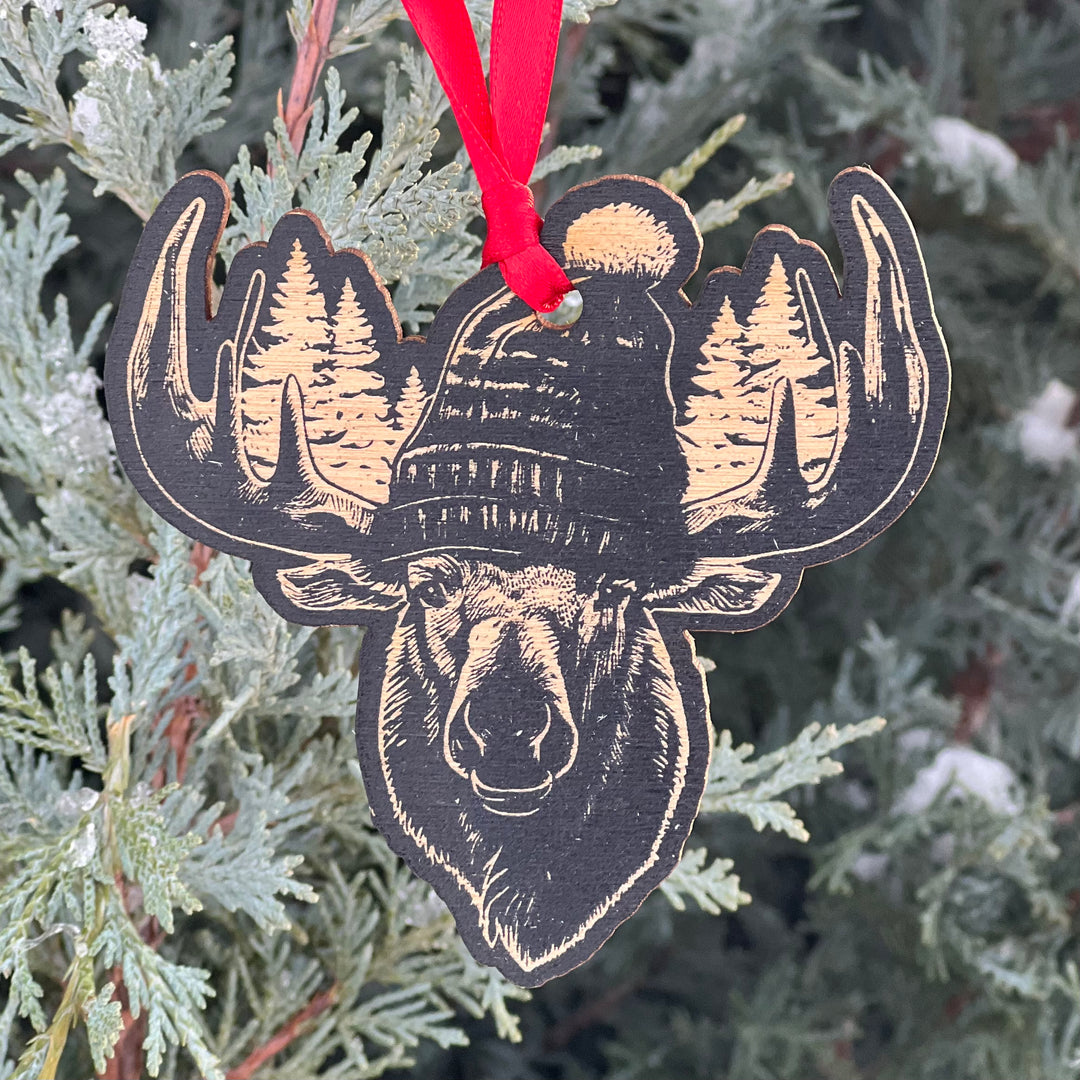 Etched Wood Christmas Moose Ornament
