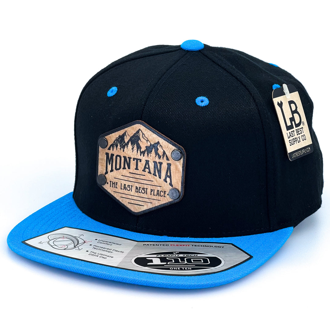 Montana Hexagon TLBP All Wood Patch Black & Neon Blue Flat Bill Hat