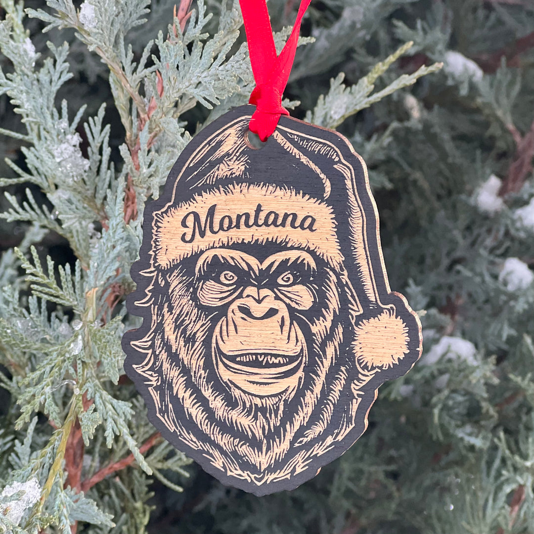 Montana Etched Wood Christmas Bigfoot Ornament