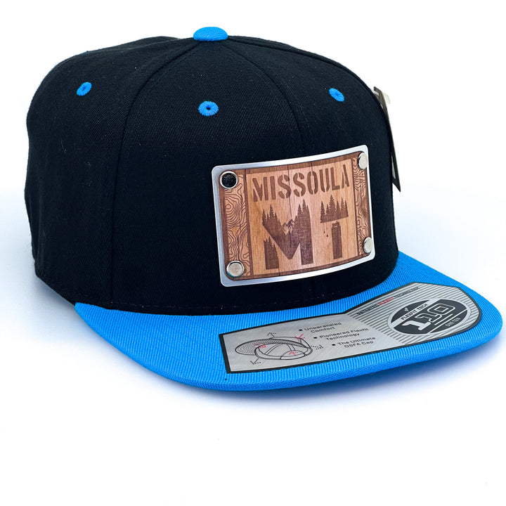 MT Missoula Etched Wood Silver Patch Plate Black & Neon Blue Flat Bill Hat