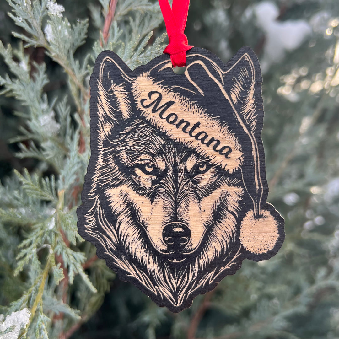 Montana Etched Wood Christmas Wolf Ornament
