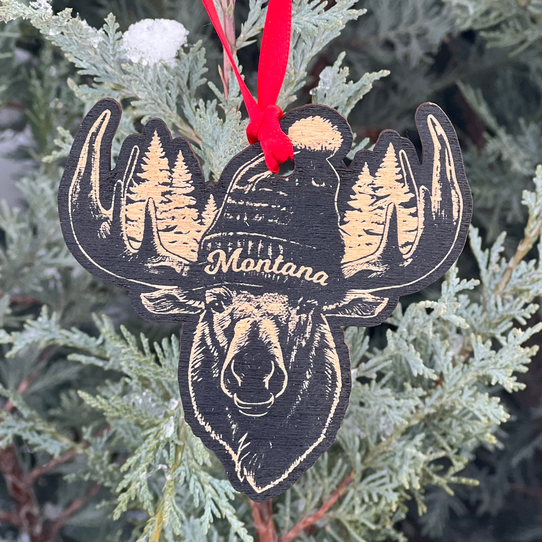 Montana Etched Wood Christmas Moose Ornament