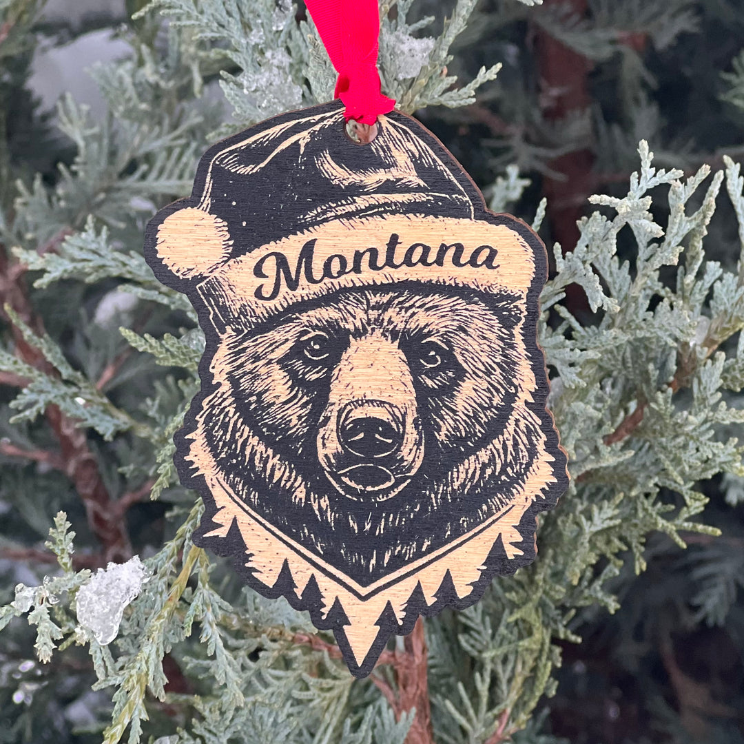 Montana Etched Wood Christmas Bear Ornament
